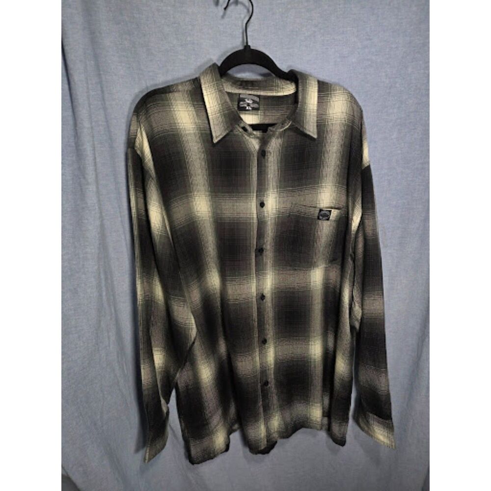 Lowrider Mens XL Shadow Plaid Button Up Shirt Black Cream Ombre Y2K West Coast